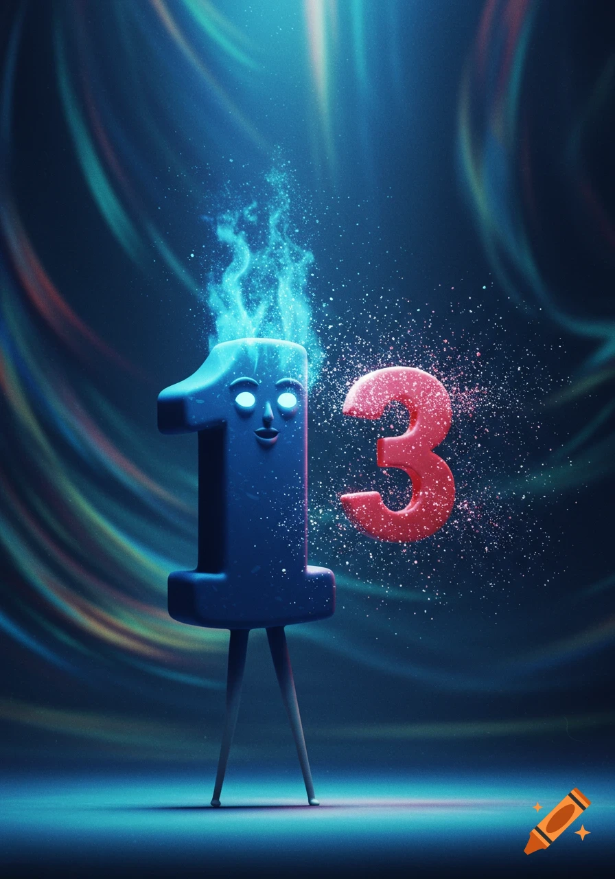 A dark blue number 1 with a glowing face and blue flame head stands beside a red number 3 disintegrating into pink dust, on a dark, ethereal background.