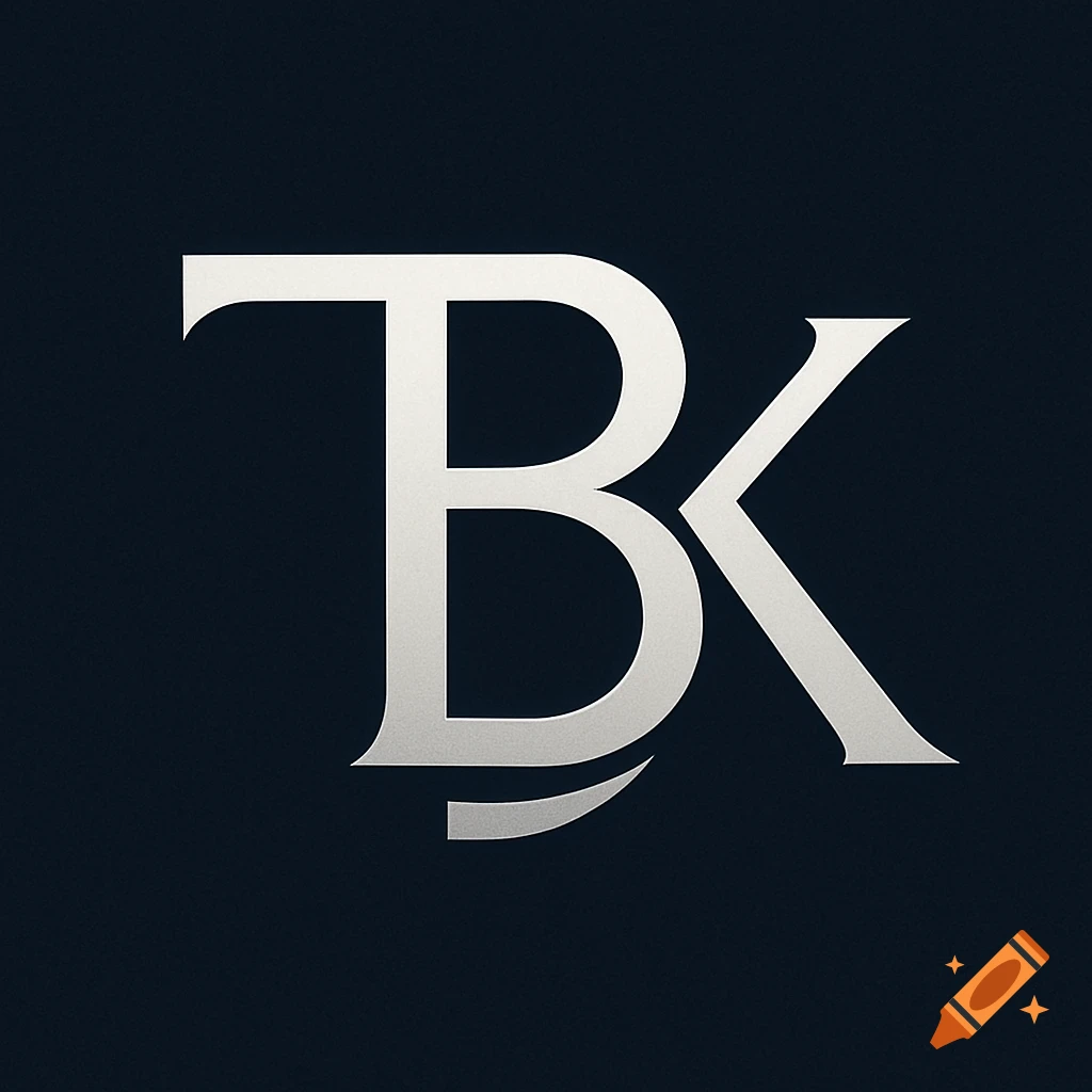 Sleek silver logo intertwining letters T, B, and K on a dark blue background.