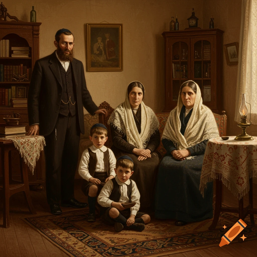 A painted portrait of a 20th-century Jewish family: a man, two women, and two young boys pose formally in a warmly lit room.
