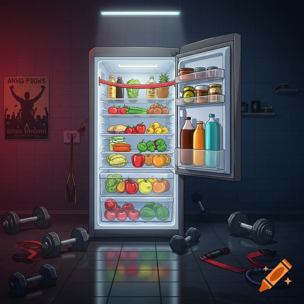 A cartoon illustration of an open fridge filled with fruits and vegetables, with dumbbells and resistance bands on the floor of a gym-like room. A poster with gibberish text is on the left wall.