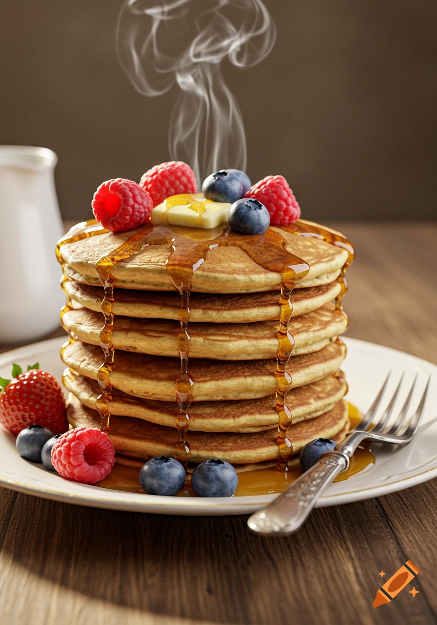 A stack of hot pancakes topped with butter, raspberries, blueberries, and maple syrup, with steam rising, on a white plate.