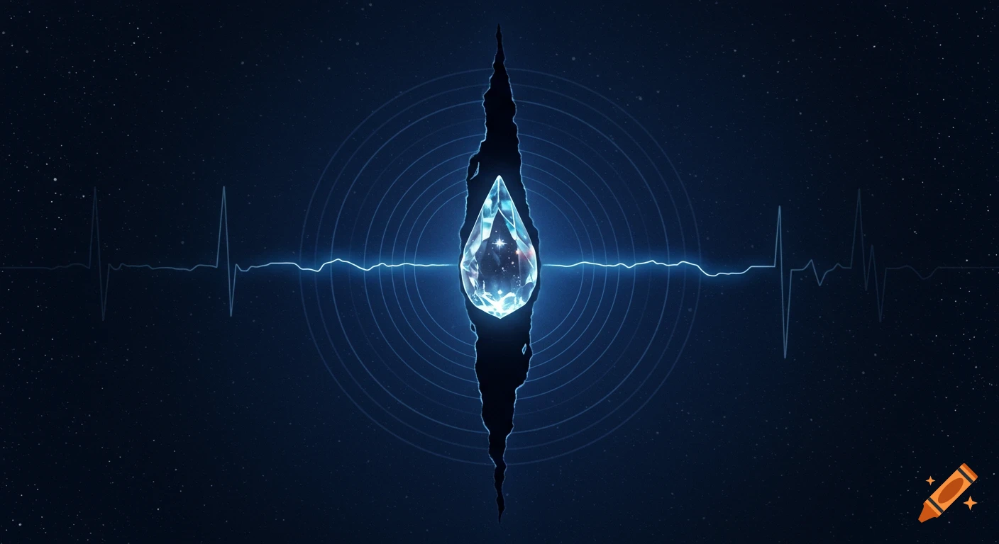 A glowing, crystalline tear-like object in a vertical rip in dark space, with concentric blue pulses and a faint heartbeat line.