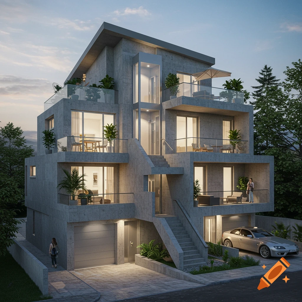 A modern concrete multi-story residential building with balconies, an external staircase, and a car in the driveway, illuminated at dusk.