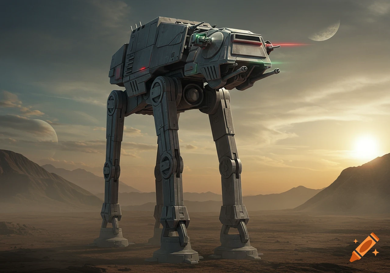 A large, four-legged armored Star Wars-style walker stands on a dusty desert plain under a sky with two moons and a setting sun. Photorealistic.