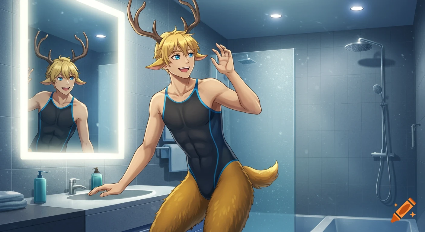 Blond anime satyr with antlers, hooves, tail, and a swimsuit, waving at his reflection in a bathroom mirror.