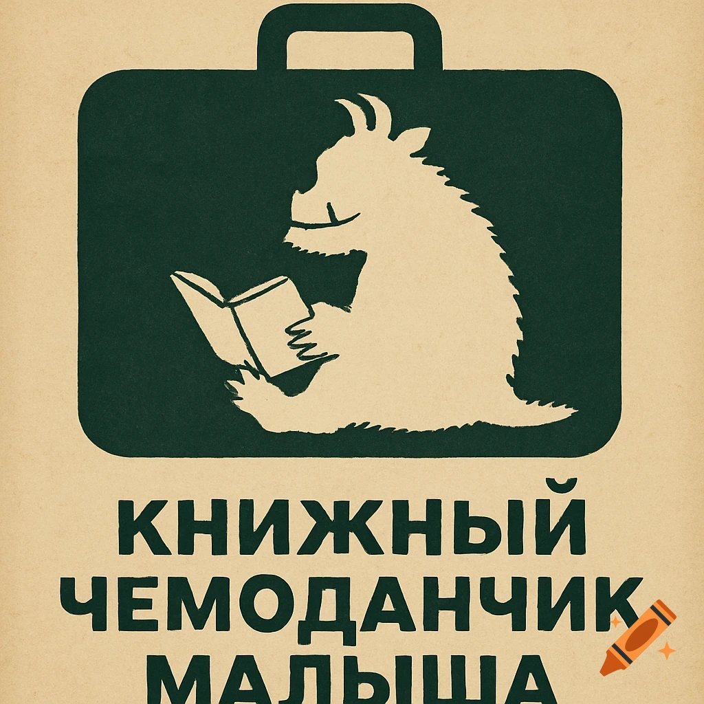 An illustration of a monster reading a book inside a dark green suitcase silhouette on a textured beige background, with Russian text.