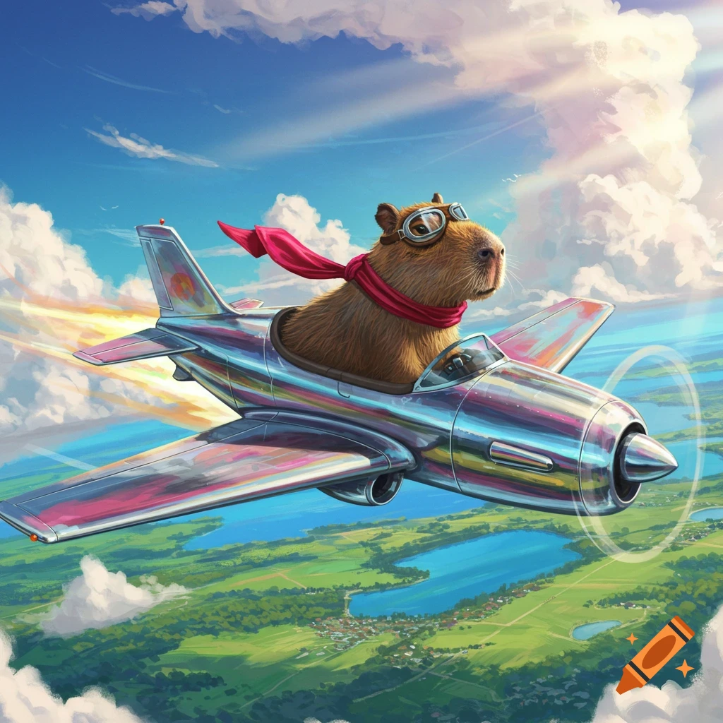 A capybara in goggles and a red scarf pilots a shiny jet airplane through a bright sky over a green landscape.
