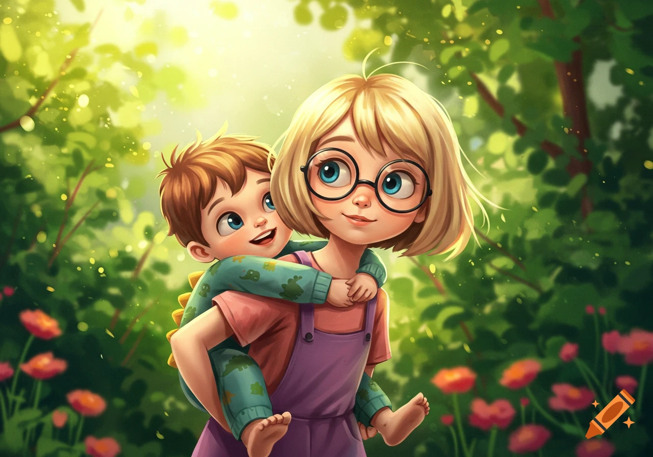 Cartoon illustration of a blonde girl giving a boy in a dinosaur jumper a piggyback ride in a sunny forest.