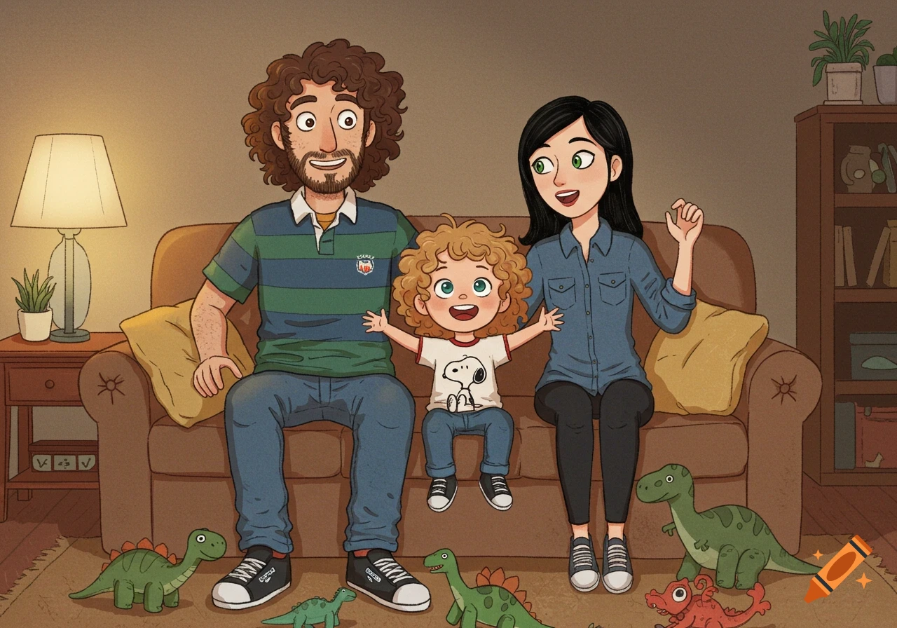 A cartoon family of three sits on a couch in a cozy living room, surrounded by dinosaur toys.