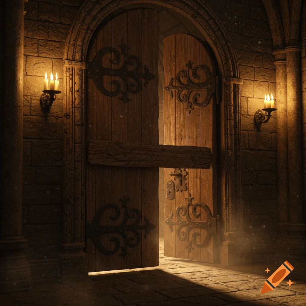 An ornate, heavy wooden door, slightly ajar and barred with a wooden plank, set within a stone archway, illuminated by candles on sconces in a dark, atmospheric interior.