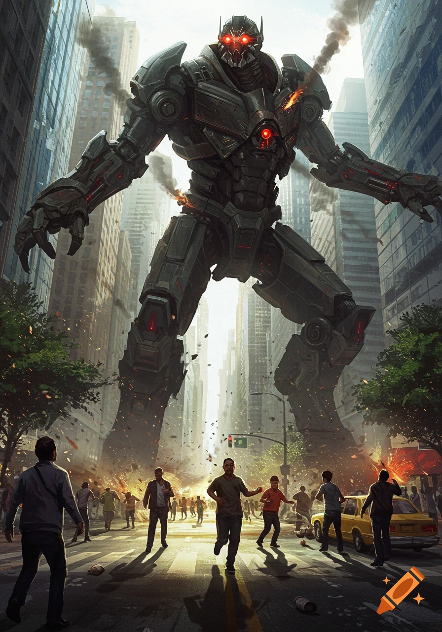 A giant, menacing dark gray robot with glowing red eyes stomps through a city street as panicked people run away from explosions.
