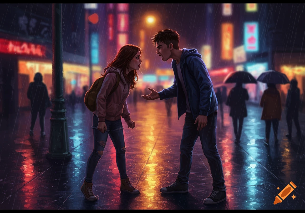 Digital art of a young couple arguing intensely on a rainy city street at night, with colorful neon reflections.