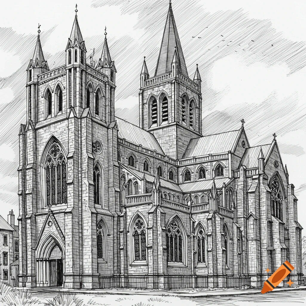 Detailed black line drawing of an ornate Gothic-style church with multiple spires, arched windows, and intricate stone work under a cloudy sky.