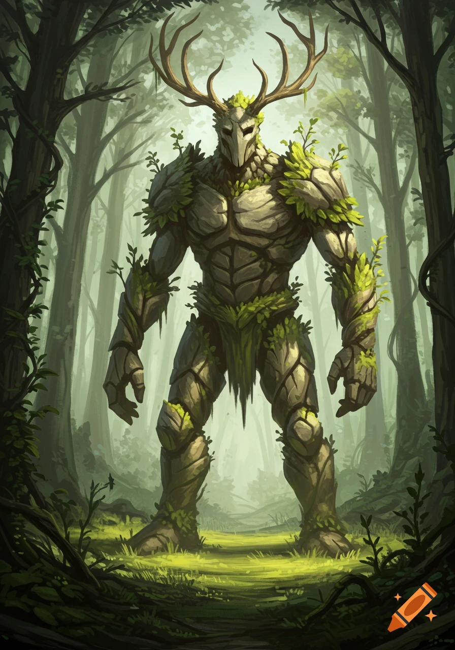 A large, muscular treant creature made of stone and leaves, with antlers, stands in a vibrant green forest.