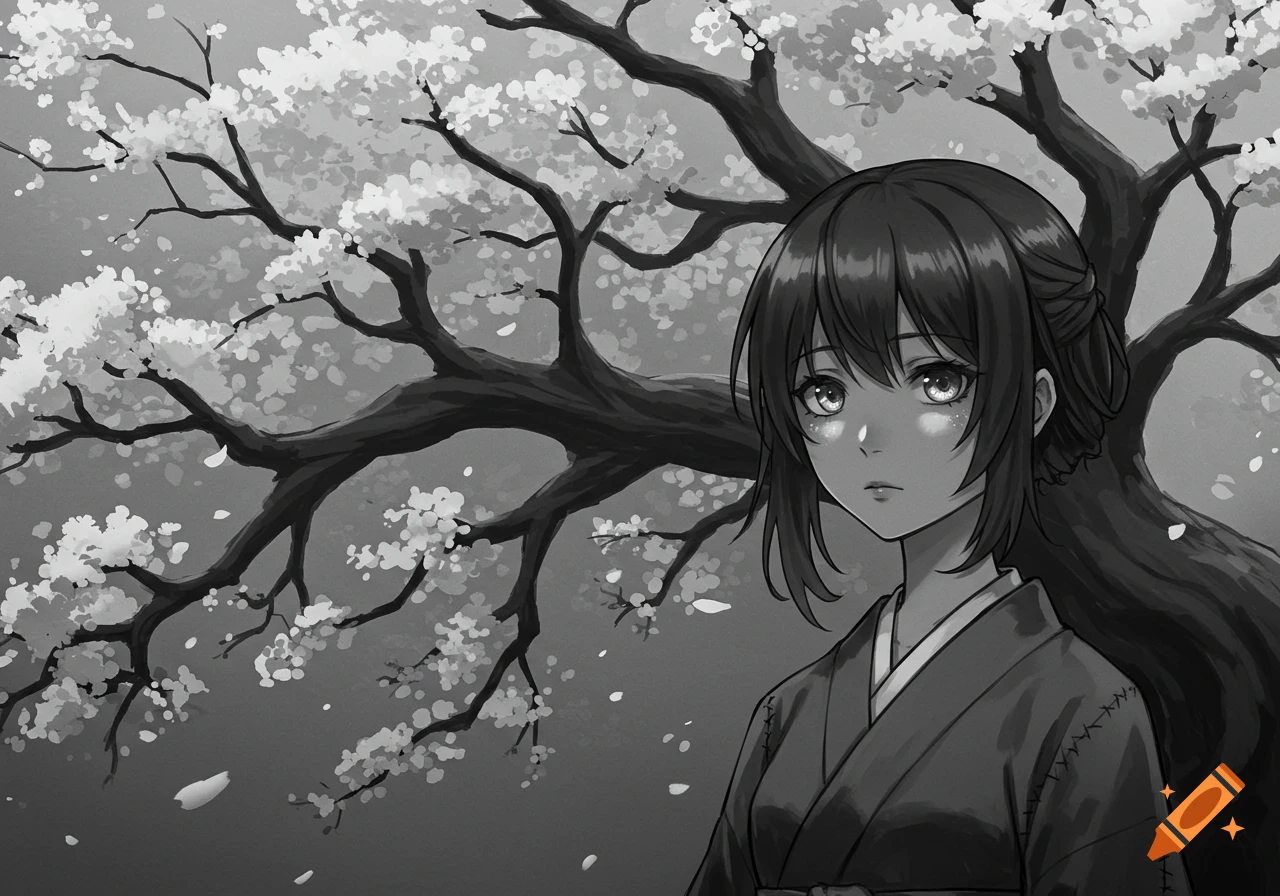 Monochrome anime girl in a kimono standing under a cherry blossom tree with falling petals.