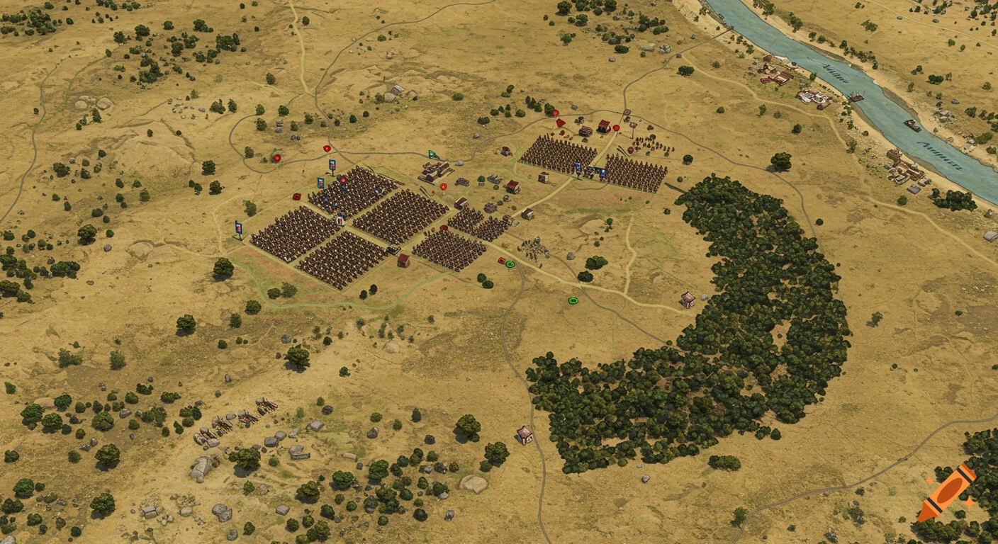 A top-down, realistic ancient battlefield map showing Roman and Carthaginian army formations on a dry plain with the Aufidus River.