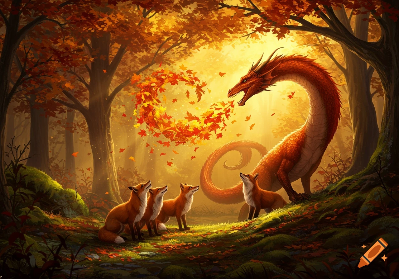 A red-orange dragon blows a swirling ring of autumn leaves at three timid foxes in a vibrant, glowing forest.