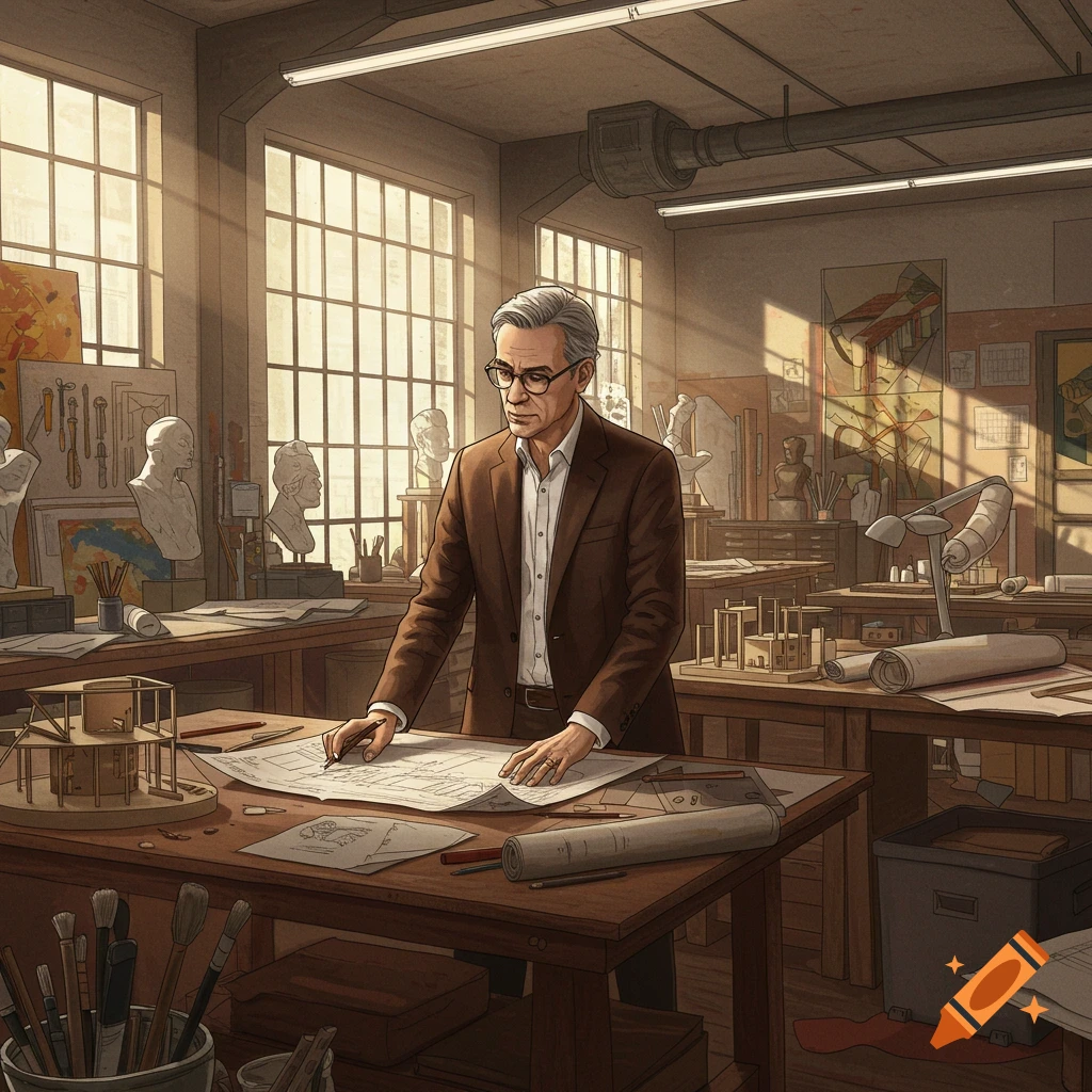 A man in a brown suit and glasses stands at a desk in a sunny studio, reviewing blueprints with architectural models and tools around him.