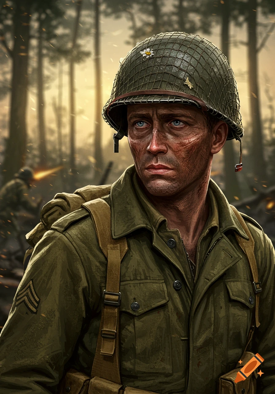 A detailed portrait of a determined WWII GI soldier with a helmet, looking intently in a smoky forest battle setting.