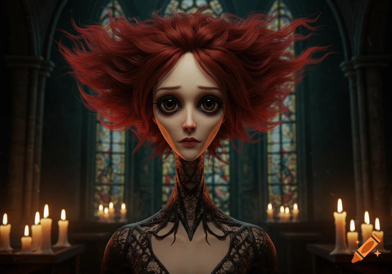 A surreal gothic female character with a big head, massive dark eyes, and bright red hair stands in a church with stained glass windows and lit candles.