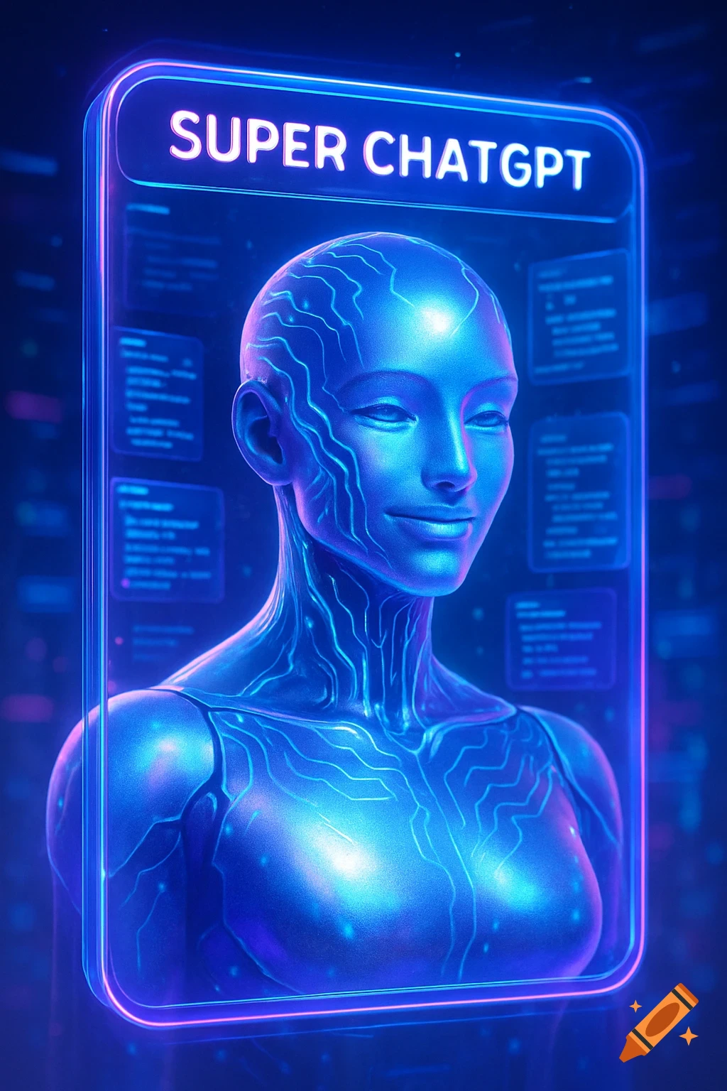 A glowing blue futuristic female android appears within a neon-outlined screen displaying "SUPER CHATGPT".