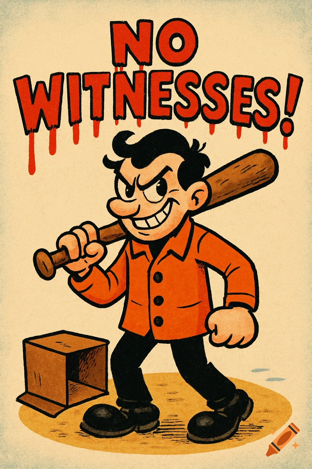 A grinning cartoon man in an orange jacket holds a baseball bat with text "NO WITNESSES!" above him, in an old 2D cartoon style.