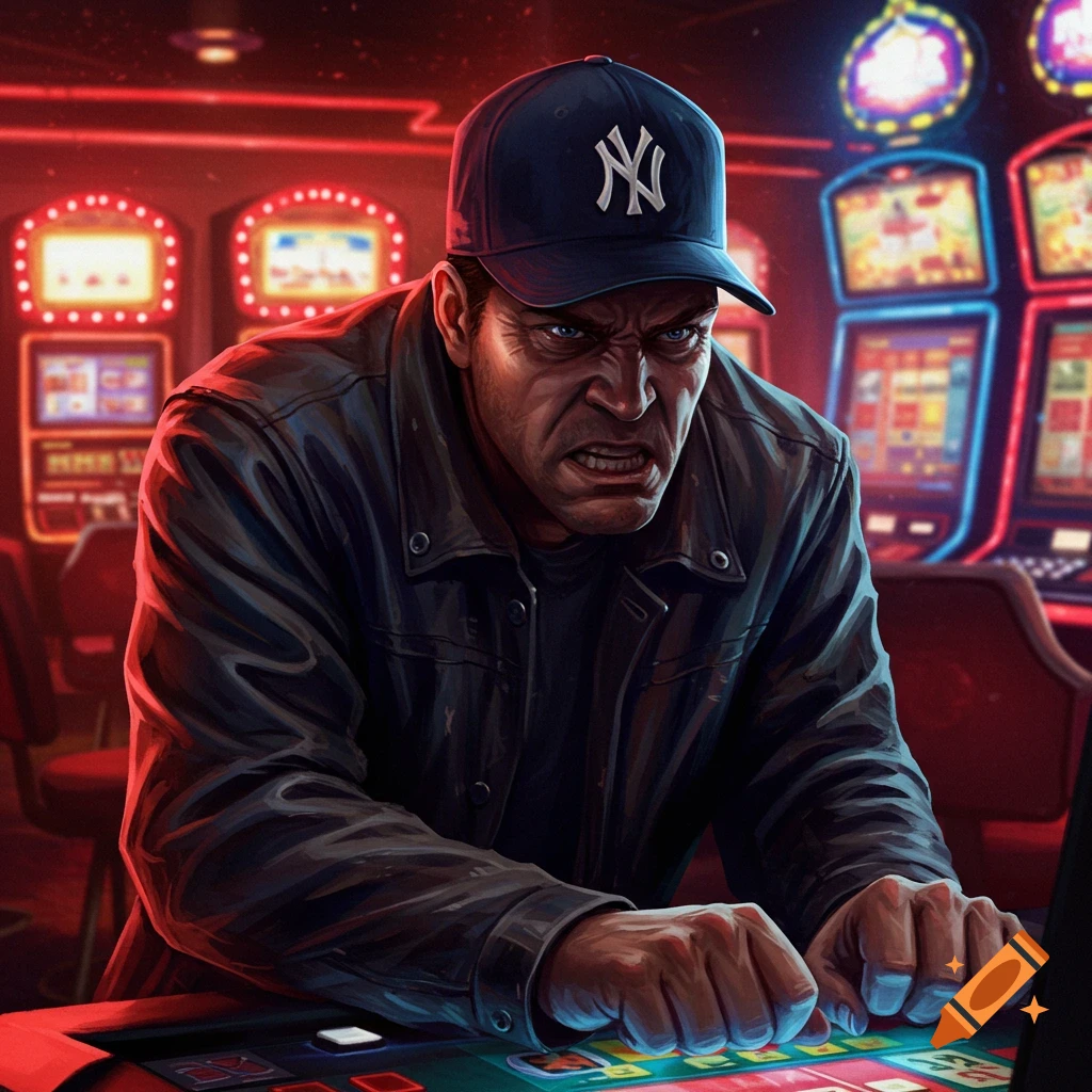 An angry man in a Yankees cap intensely plays a video poker machine in a red-lit casino, digital art.