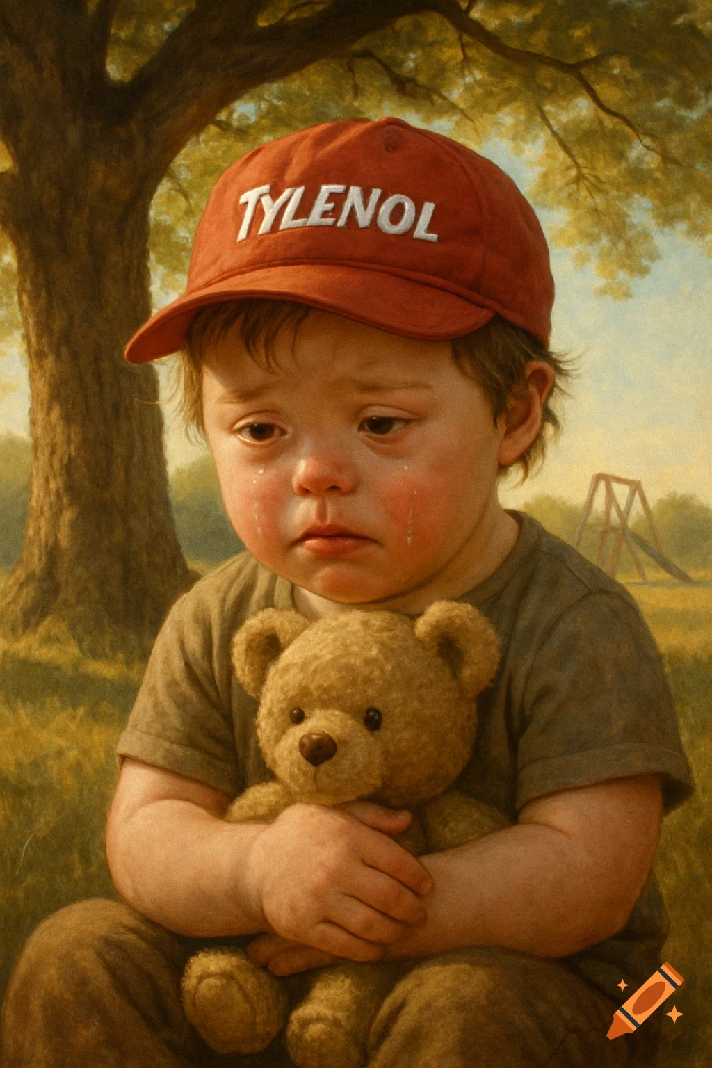A painterly image of a crying child wearing a red Tylenol baseball hat, holding a teddy bear in a park.