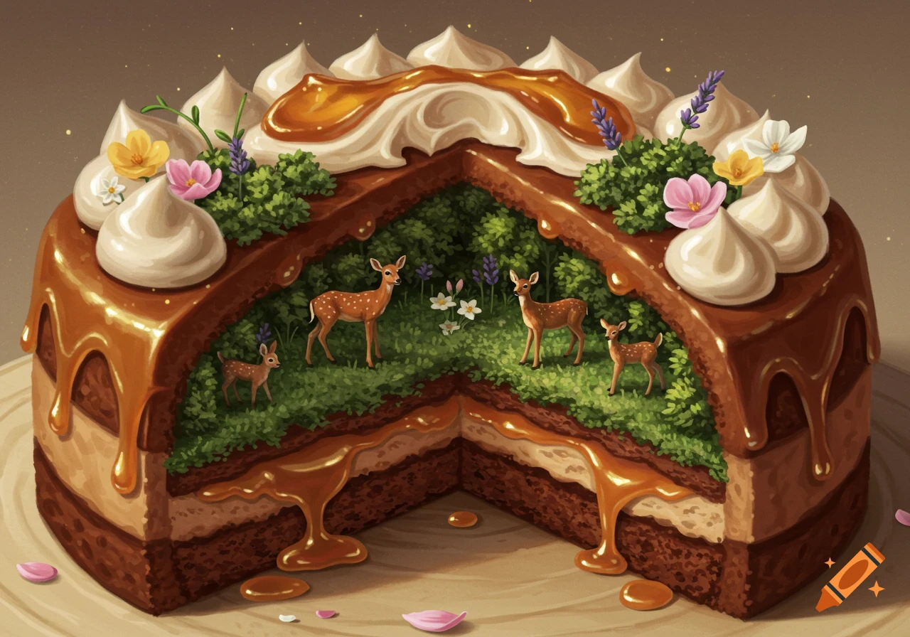 A whimsical cake, cut to reveal a miniature forest with small deer inside, adorned with caramel and white frosting.