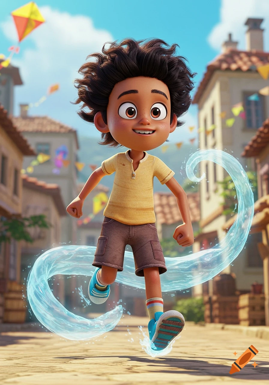 A vibrant, animated boy with curly hair and bright eyes runs through a village, surrounded by a swirling blue and white energy current, with kites flying in the sunny sky.