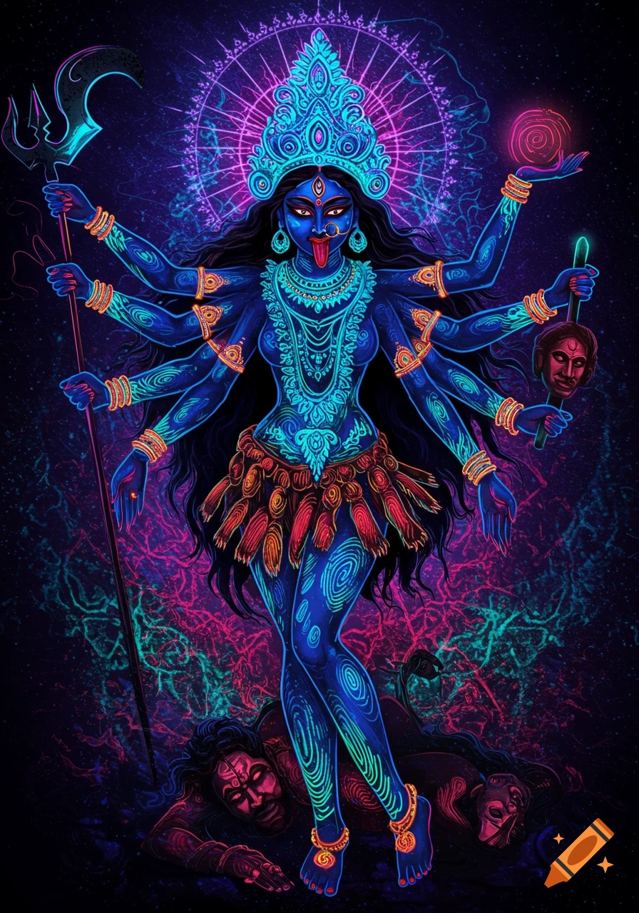 Multi-armed goddess Kali in vibrant fluorescent blue, adorned with fingerprint patterns, holding a trident and head, trampling figures against a dark, cosmic background.