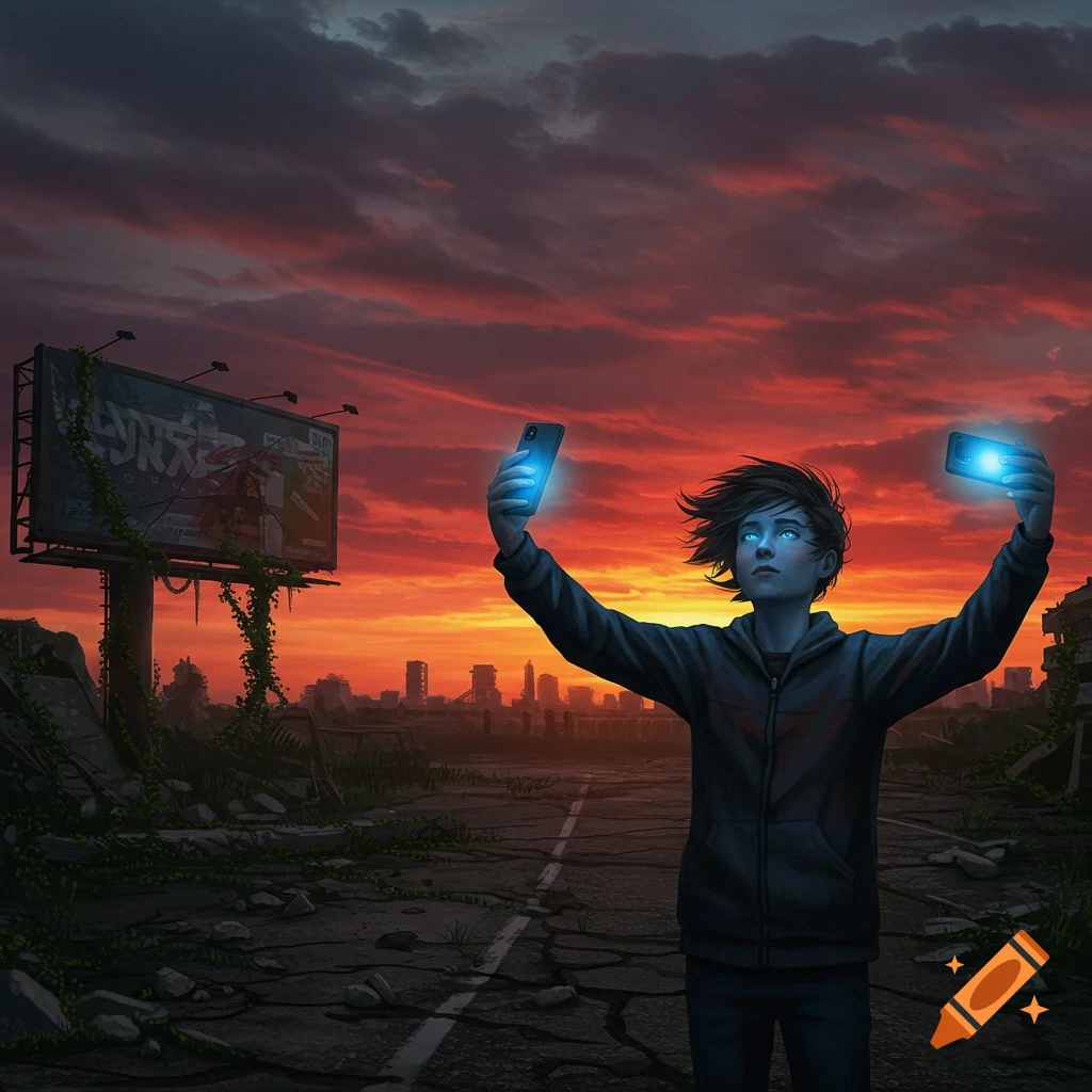 A stylized person with glowing blue eyes holds two glowing phones, taking a selfie in a desolate landscape under a fiery red sky.