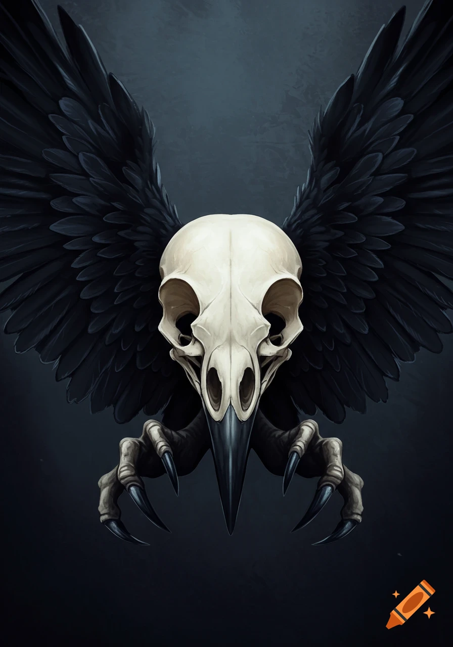 A stylized raven skull with large black wings and talons extended forward on a dark background.