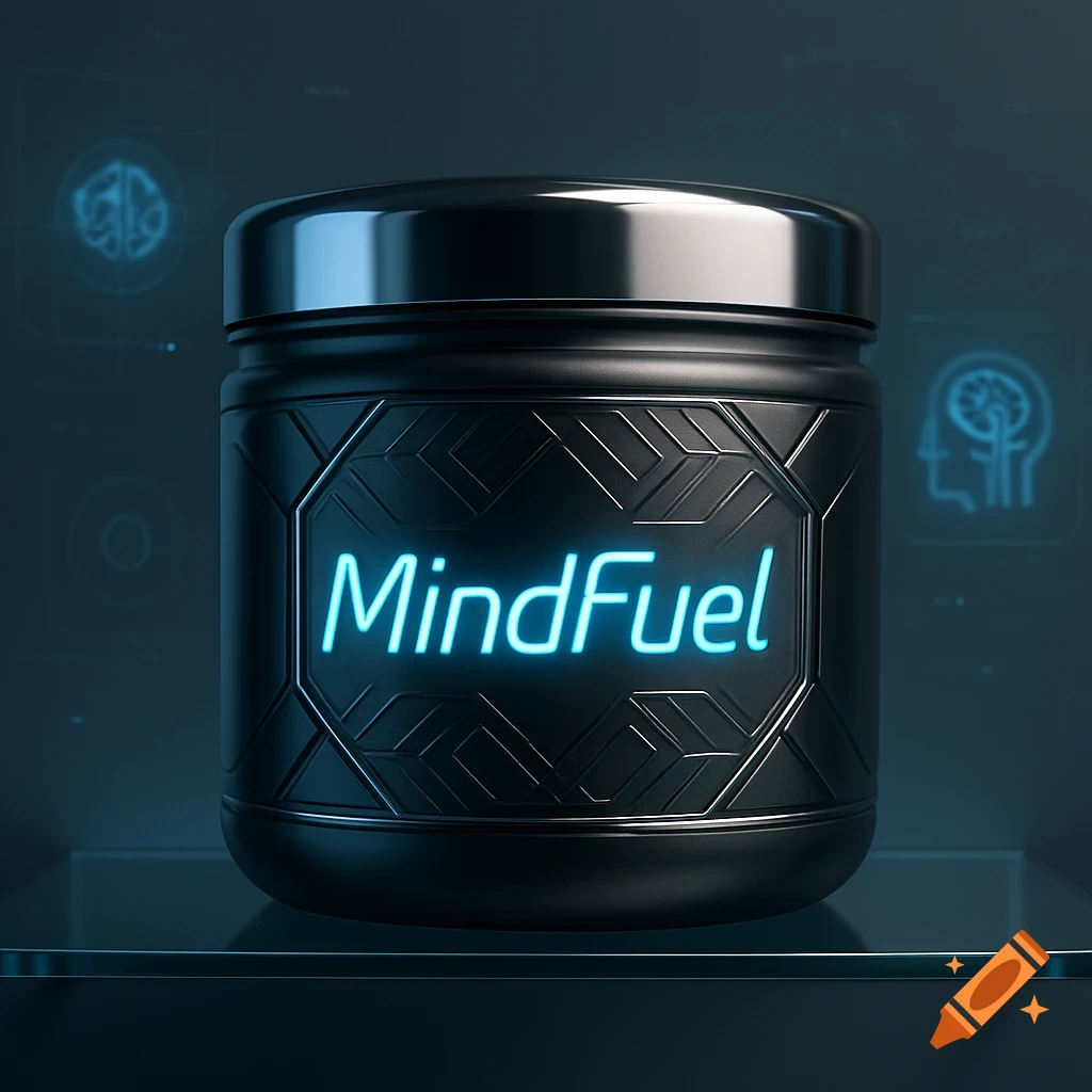 A sleek black tub with glowing blue text 'MindFuel' on a futuristic dark background with digital brain graphics.