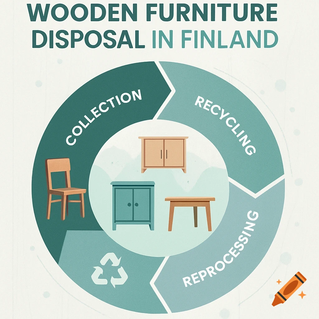 Infographic on wooden furniture disposal in Finland, depicting collection, recycling, and reprocessing with illustrations of a chair, cabinet, and table.