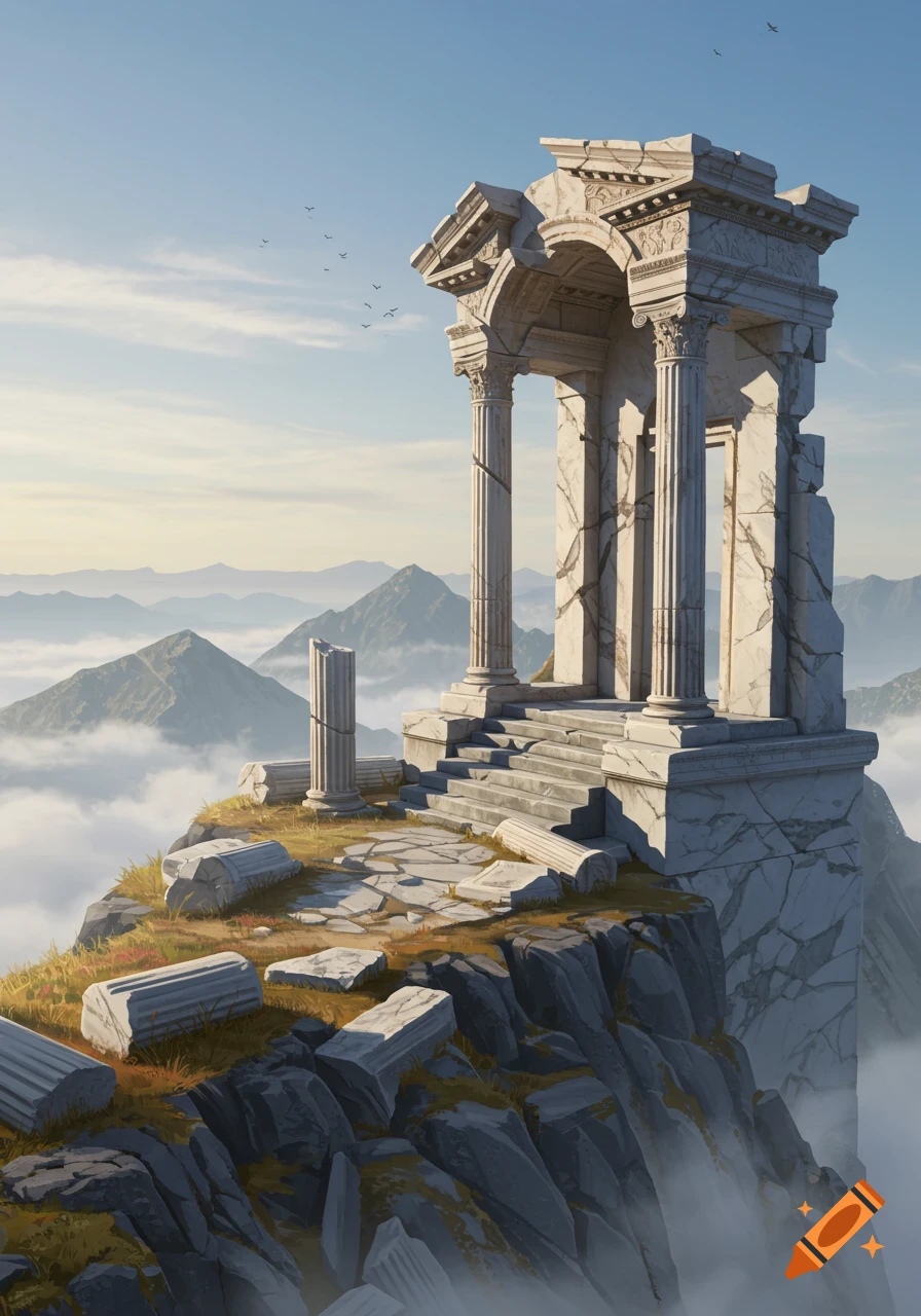A majestic ancient marble temple ruin stands on a rocky mountain peak, surrounded by clouds and distant mountains under a blue sky.