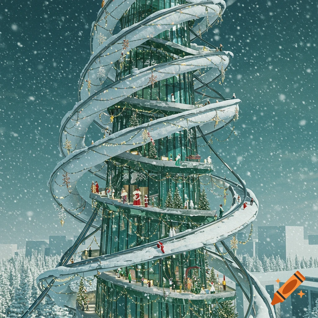 A tall, spiraling building designed like a Christmas tree, covered in snow and lights, with tiny figures on its ramps in a wintry landscape.