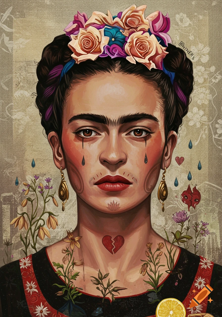 Stylized surrealist portrait resembling Frida Kahlo with a sad expression, floral crown, tears, and a broken heart, surrounded by plants and symbolic motifs.
