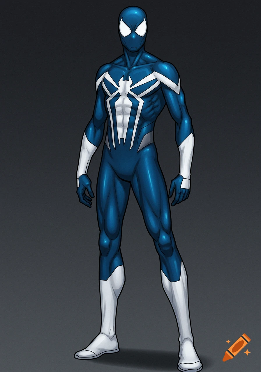 A full-body comic book illustration of a superhero in a sleek blue and white suit with a spider-like emblem.