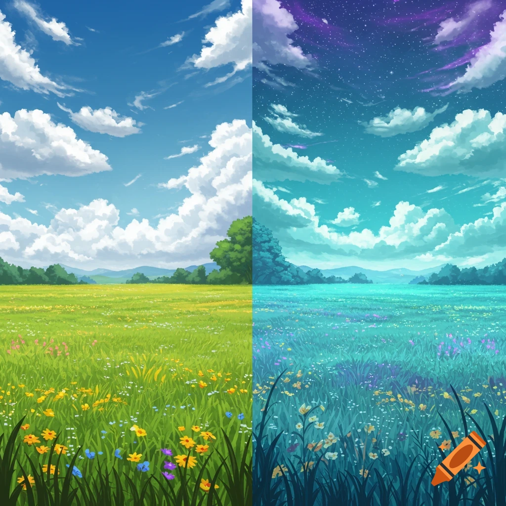 A split image of a vibrant landscape, with a sunny green field and blue sky on the left, transitioning to a starry anime night scene on the right.
