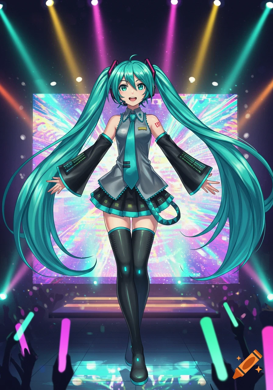 Hatsune Miku, an anime character with long turquoise pigtails, smiles while performing on a stage lit by colorful spotlights, with a vibrant, abstract screen behind her.