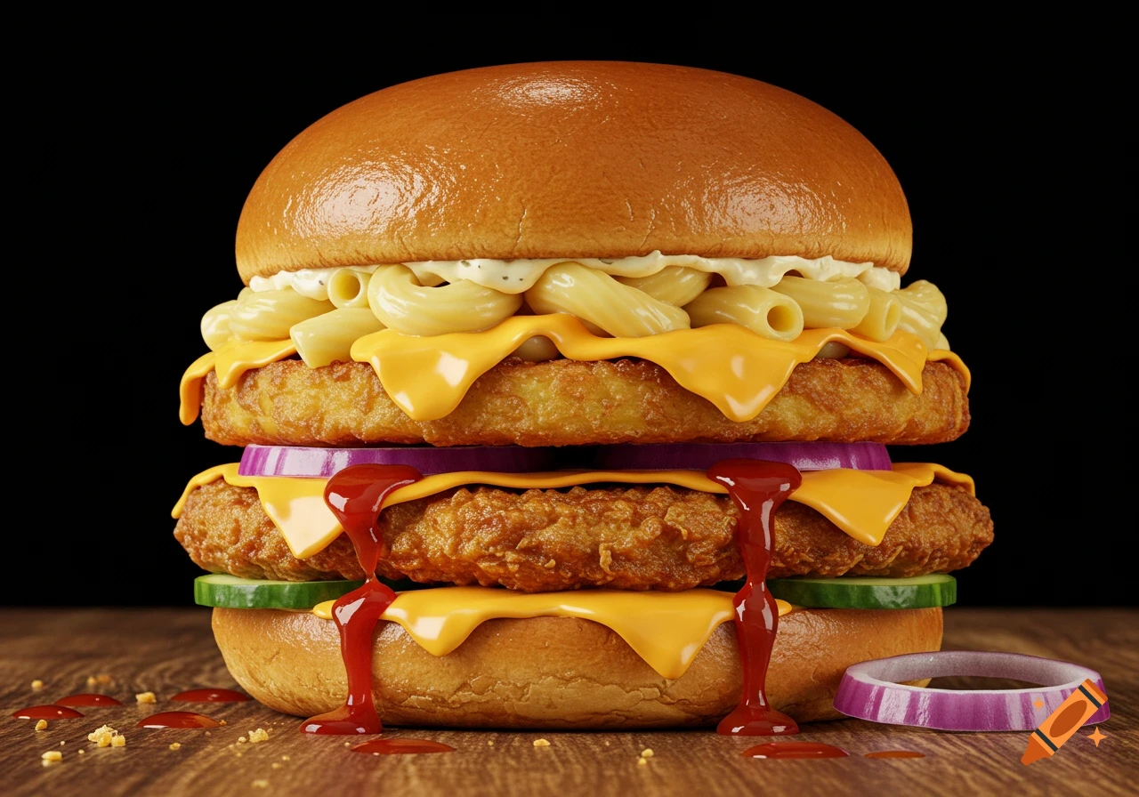 Photorealistic close-up of a loaded burger with mac'n'cheese, hash browns, chicken, and oozing ketchup on a wooden table.