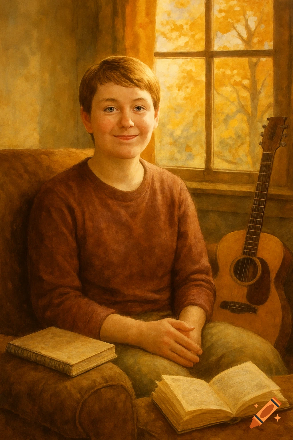 A warm-toned painting depicts a smiling young boy with reddish-brown hair sitting on a sofa next to a guitar and books, with autumn trees visible through a window.