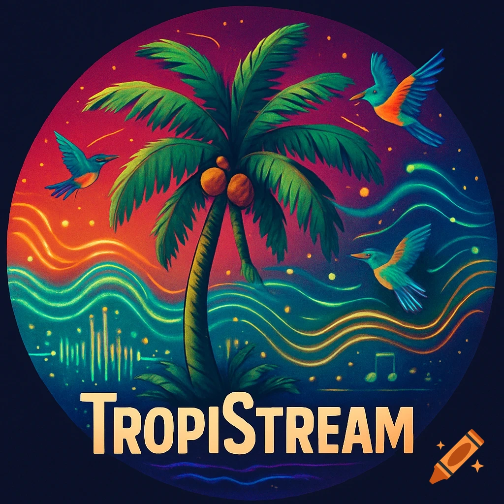 A vibrant circular illustration of a palm tree, flying birds, musical notes, and sound waves against a sunset, with "TropiStream" at the bottom.