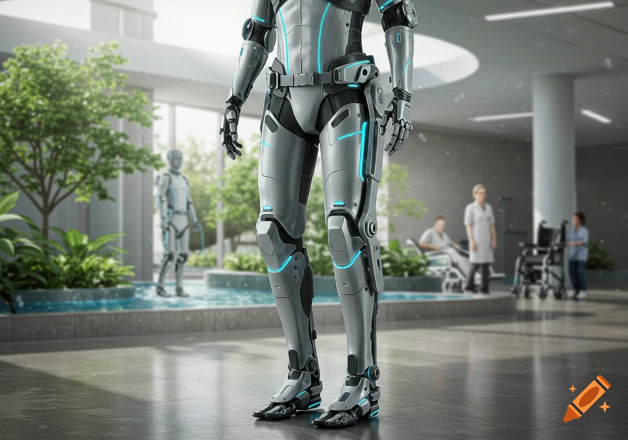 A photorealistic image of a futuristic grey and blue robotic exoskeleton standing in a bright, modern hospital setting.