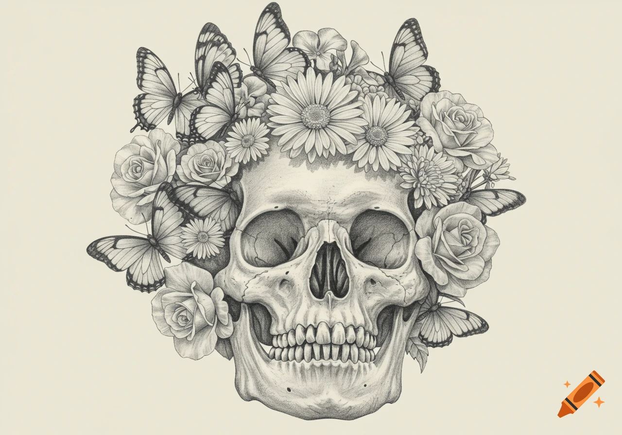 Detailed pencil drawing of a skull adorned with a crown of flowers and butterflies against a plain background.