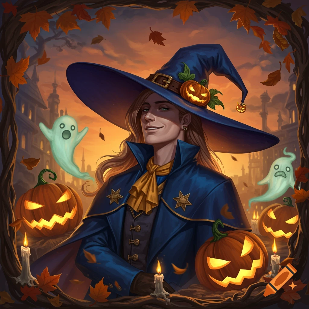 A person in a blue witch hat and coat smiles, surrounded by glowing pumpkins, ghosts, and autumn leaves at sunset.