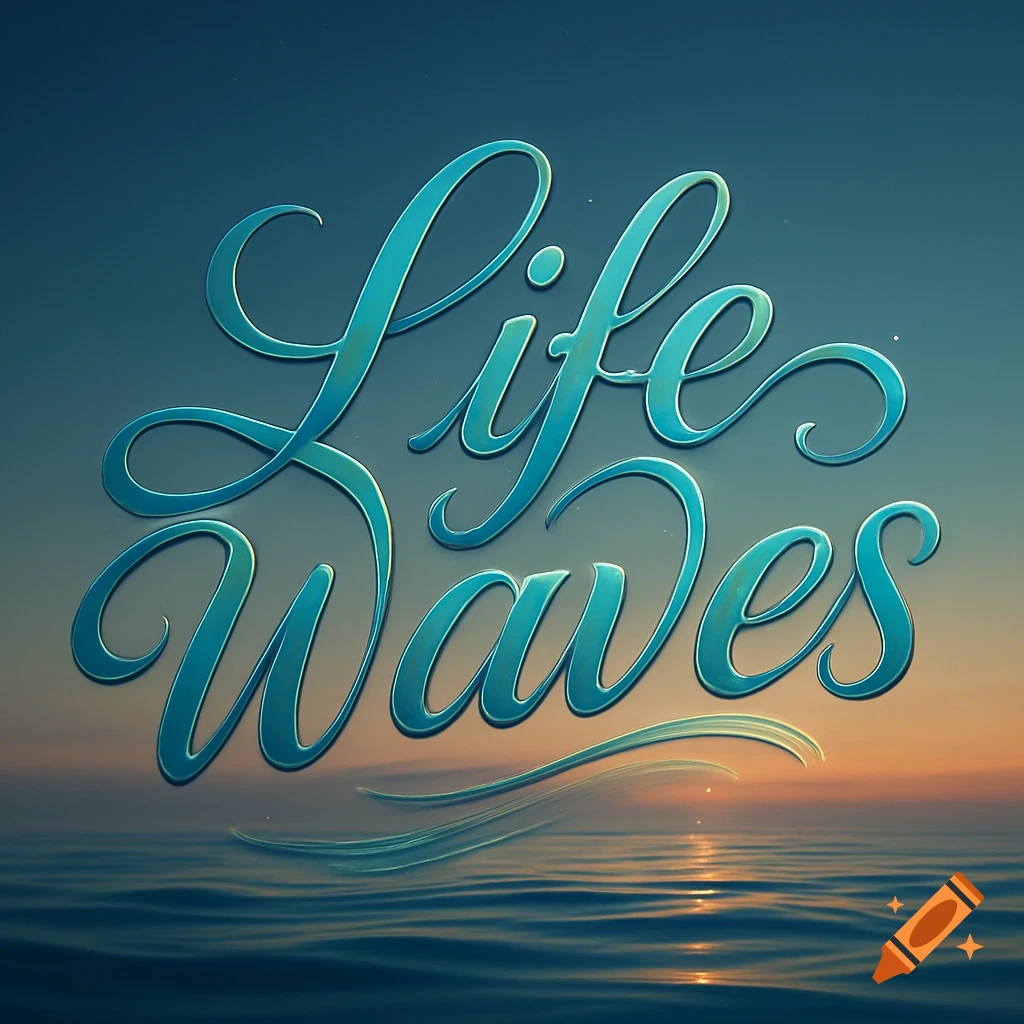 Stylized blue-green 'Life Waves' text above a calm ocean at sunset.