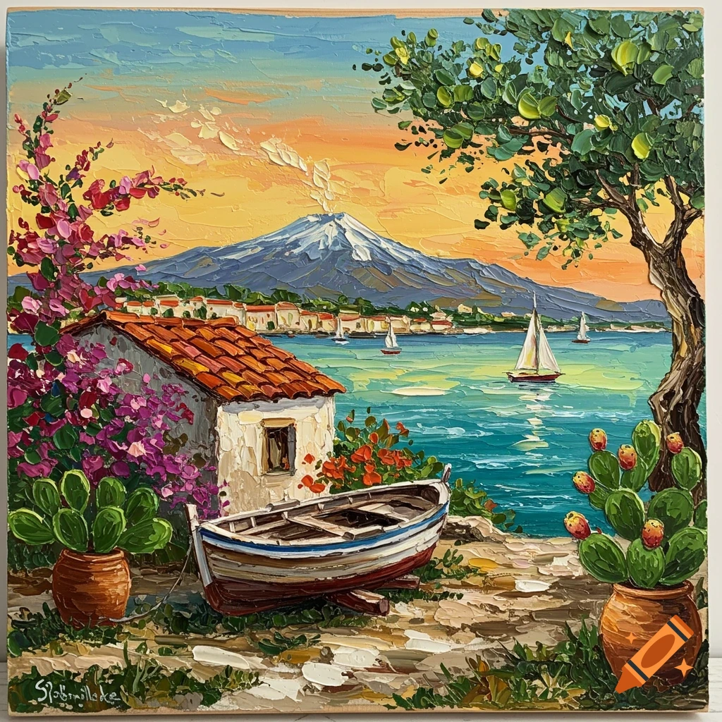 Vibrant impasto painting of a Mediterranean seascape with a white house, boat, volcano, and colorful flowers.