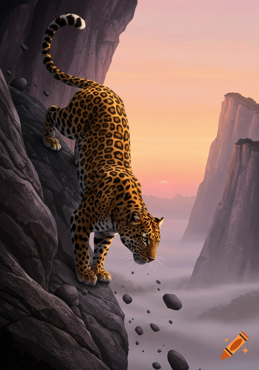A spotted leopard carefully climbs down a steep, craggy rock face, as small rocks tumble into a misty mountain valley at sunset.
